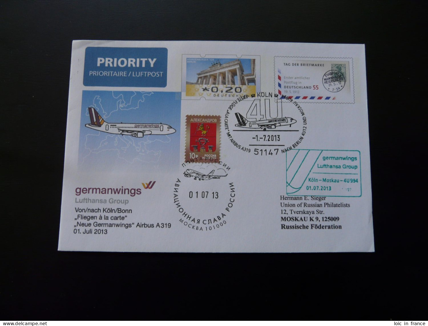 Lettre Premier Vol First Flight Cover Koln To Moscow Russia Airbus A319 Germanwings Lufthansa 2013 - Private Covers - Used