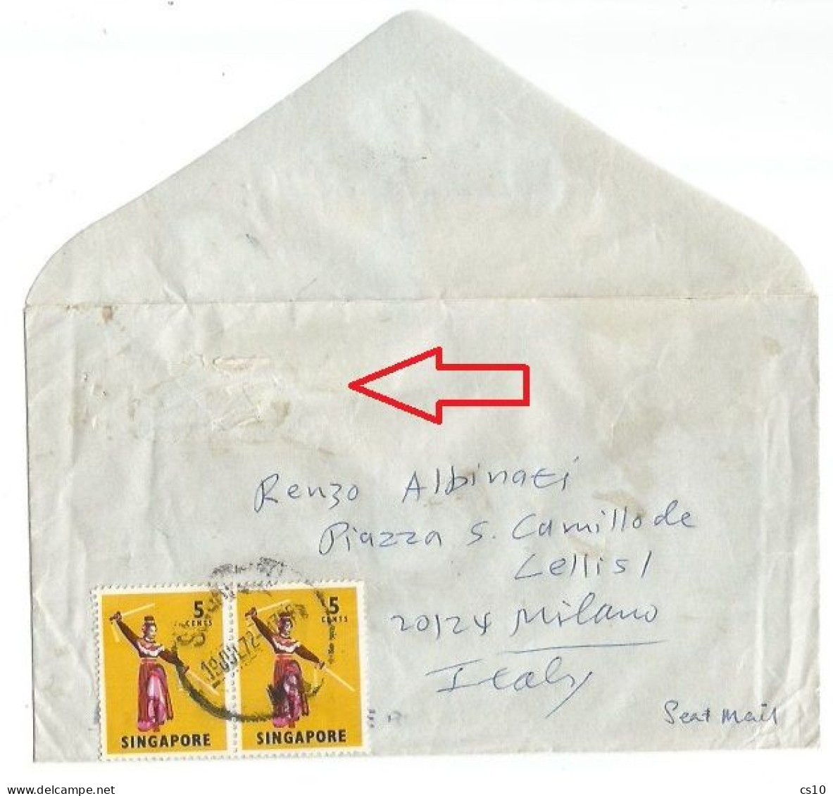 Singapore AirMail Cover  DOWNGRADED At SEA Mail Handwritten (Airm Label Removed) 19jul1972 X Italy With Dancers C.5x2 - Singapore (...-1959)