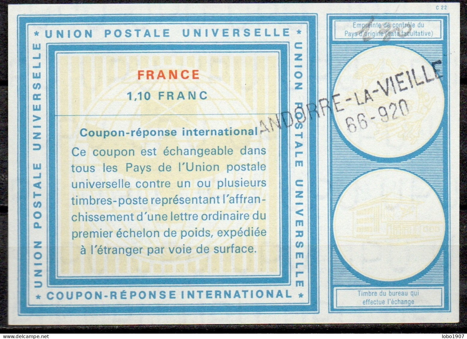 ANDORRE / ANDORRA  Vi20  1,10  FRANC  International Reply Coupon Reponse Antwortschein IAS IRC  ANDORRE-LA-VIELLE 66-920 - Stamped Stationery & Prêts-à-poster