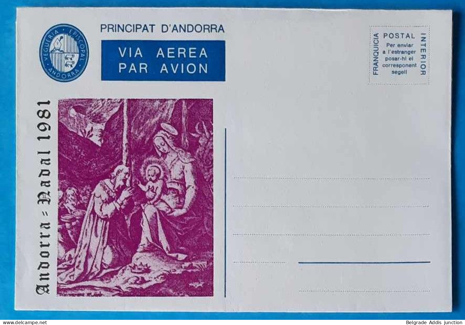 Andorra Viguerie Andorre Aérogramme Mint Neuf 1981 Noël Nadal - Vicariato Episcopale