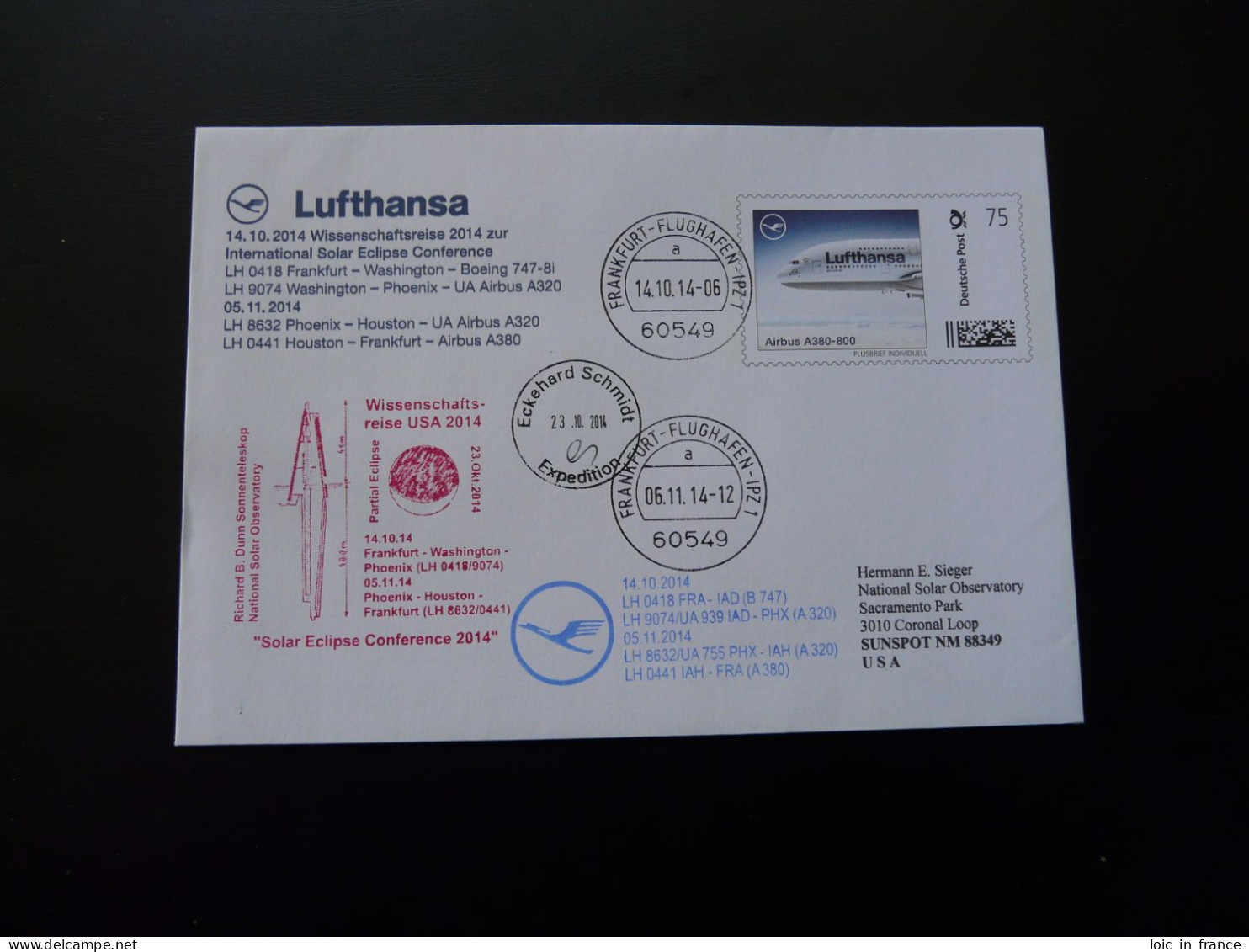 Plusbrief Vol Special Flight Frankfurt To Washington Solar Eclipse Conference Airbus A380 Lufthansa 2014 - Enveloppes Privées - Oblitérées