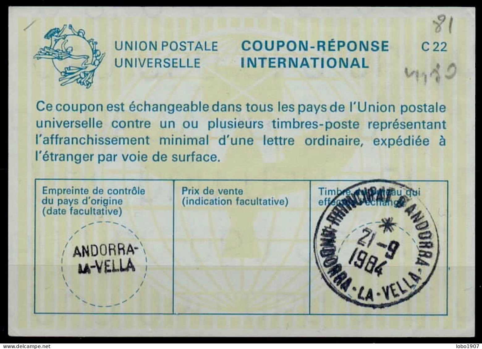 ANDORRE / ANDORRA La22  International Reply Coupon Reponse Antwortschein IAS IRC  O ANDORRA LA VELLA 21.09.84 - Stamped Stationery & Prêts-à-poster