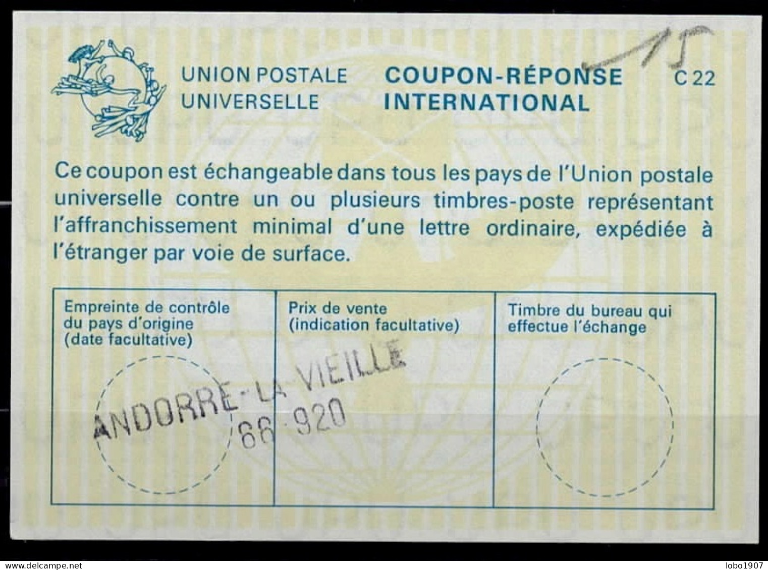 ANDORRE / ANDORRA La22  International Reply Coupon Reponse Antwortschein IAS IRC  O ANDORRE-LA-VIELLE 66-920 - Stamped Stationery & Prêts-à-poster