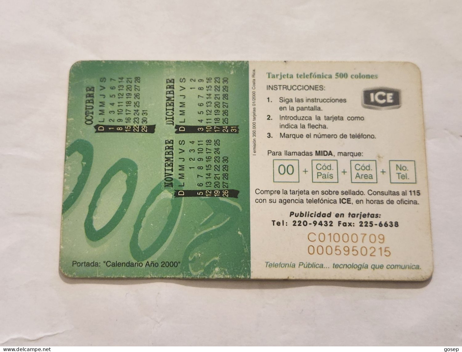 COSTA RICA-(CR-ICE-CHP-0044A)-Calendar-(I Emisión)-(65)-(C01000709)(tirage-350.000)used Card+1card Prepiad - Costa Rica
