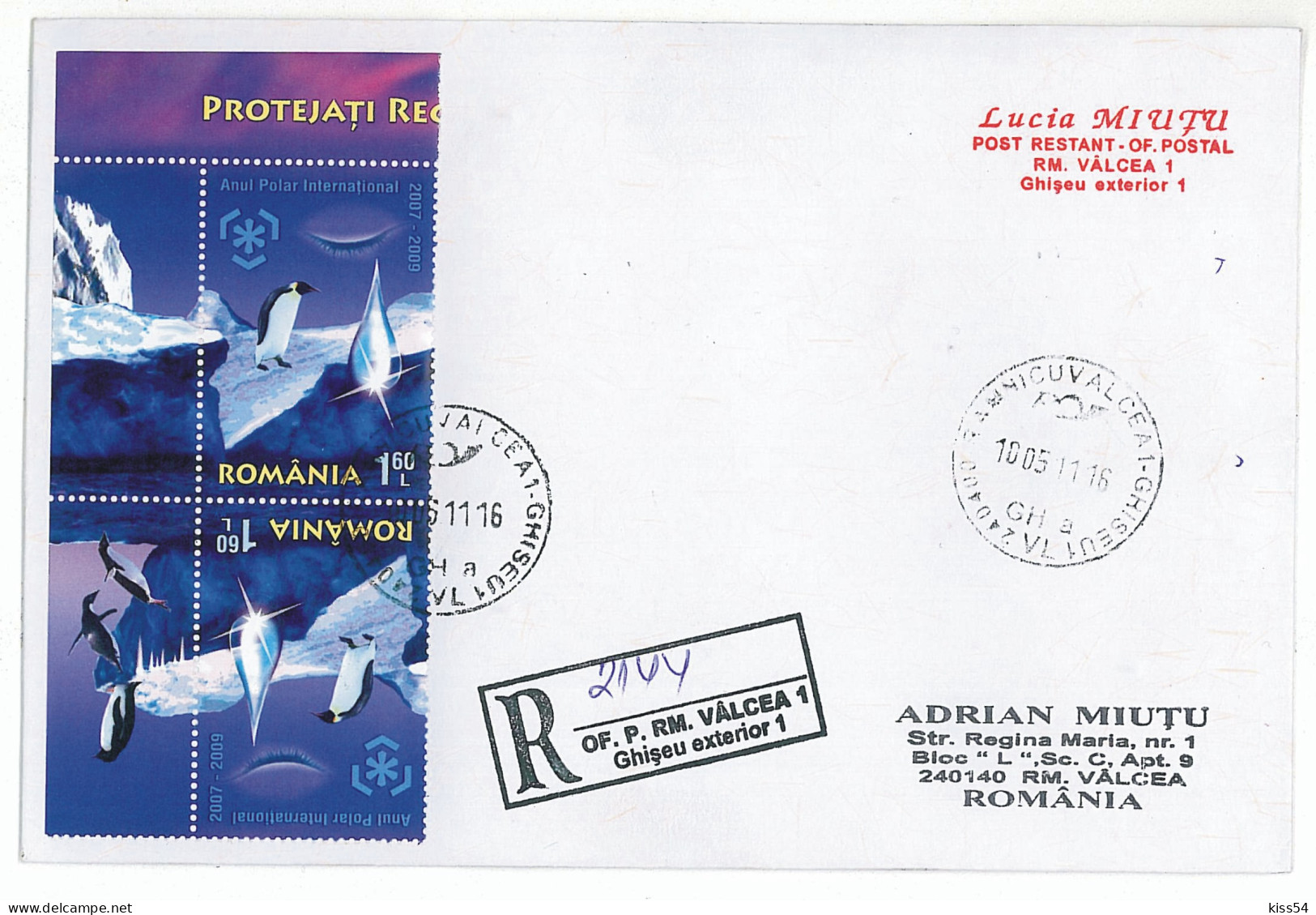 NCP 10 - 2144-a Romania, PINGUINS - Registered Letter, Stamps TETE BECHE - 2011 - Brieven En Documenten