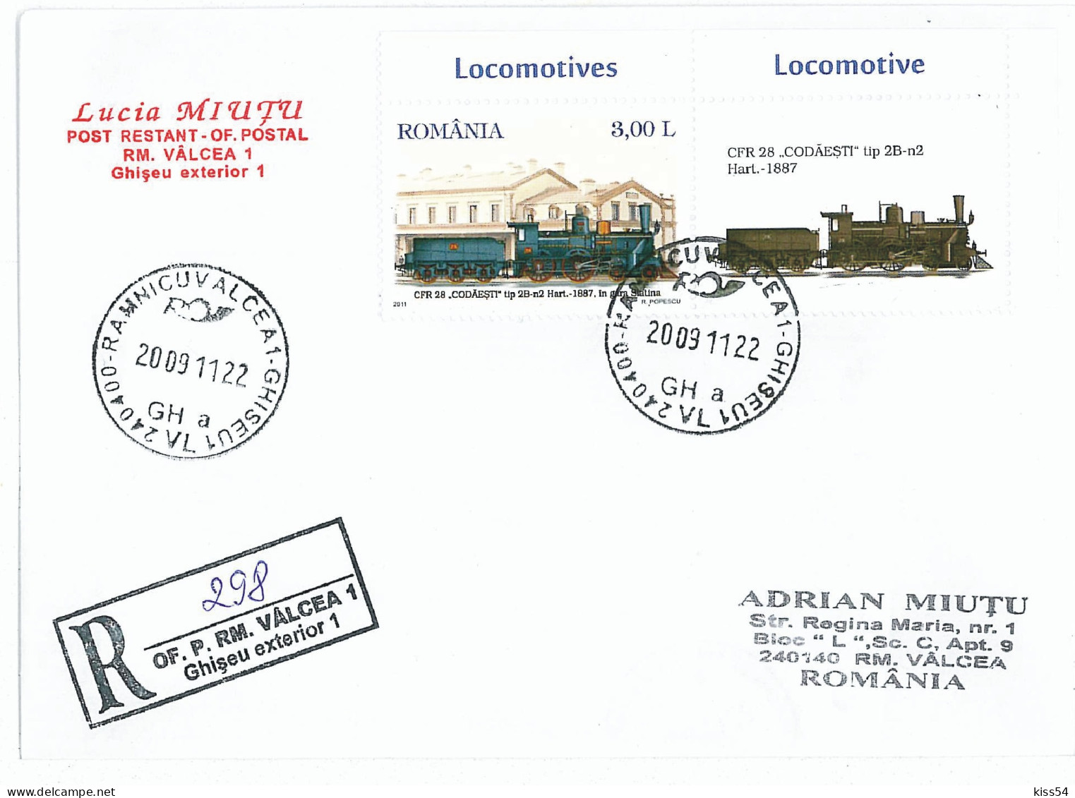NCP 10 - 298-a Romania, Train Old Locomotive - Registered + Vignette - 2011 - Covers & Documents