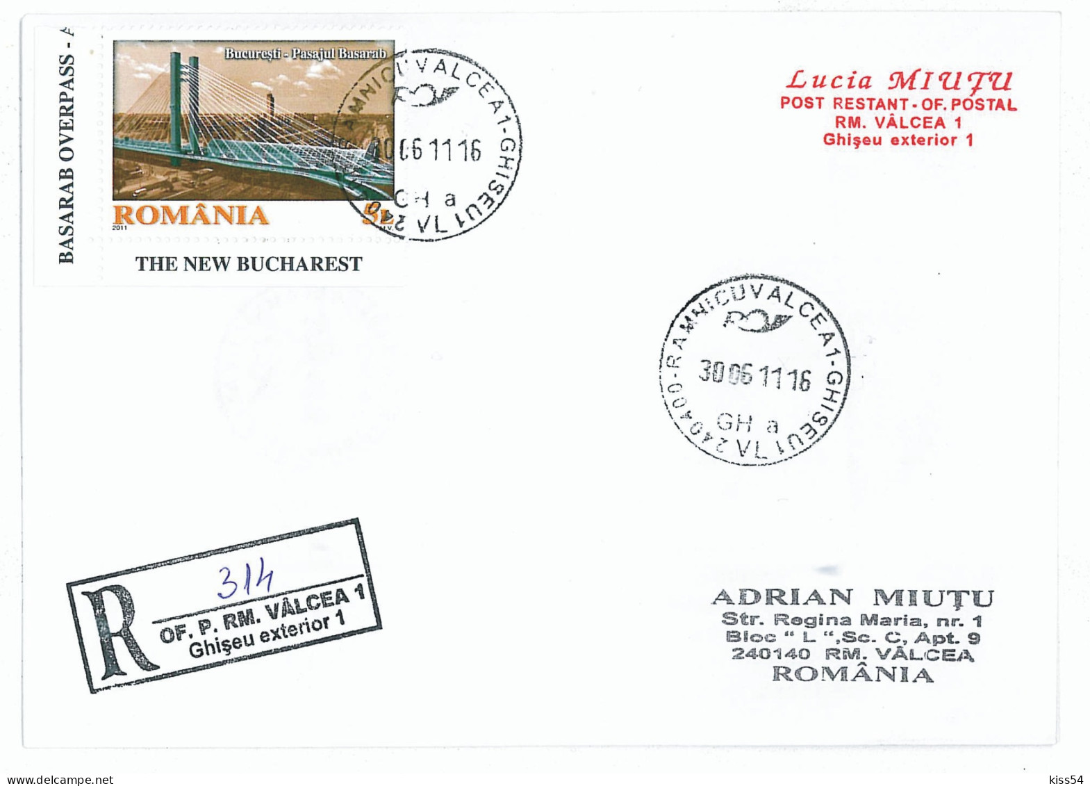 NCP 10 - 314-a Romania, Bridge, BUCAREST, Pasajul Basarab - Registered - 2011 - Covers & Documents