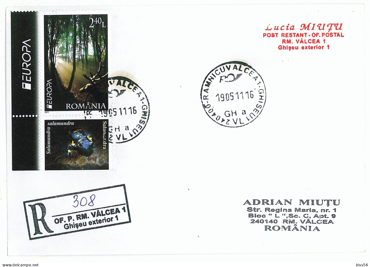 NCP 10 - 308-a EUROPA 2011 - Romania - Forest And Buck - Registered, Stamp With TABS Salamander - 2011 - Covers & Documents