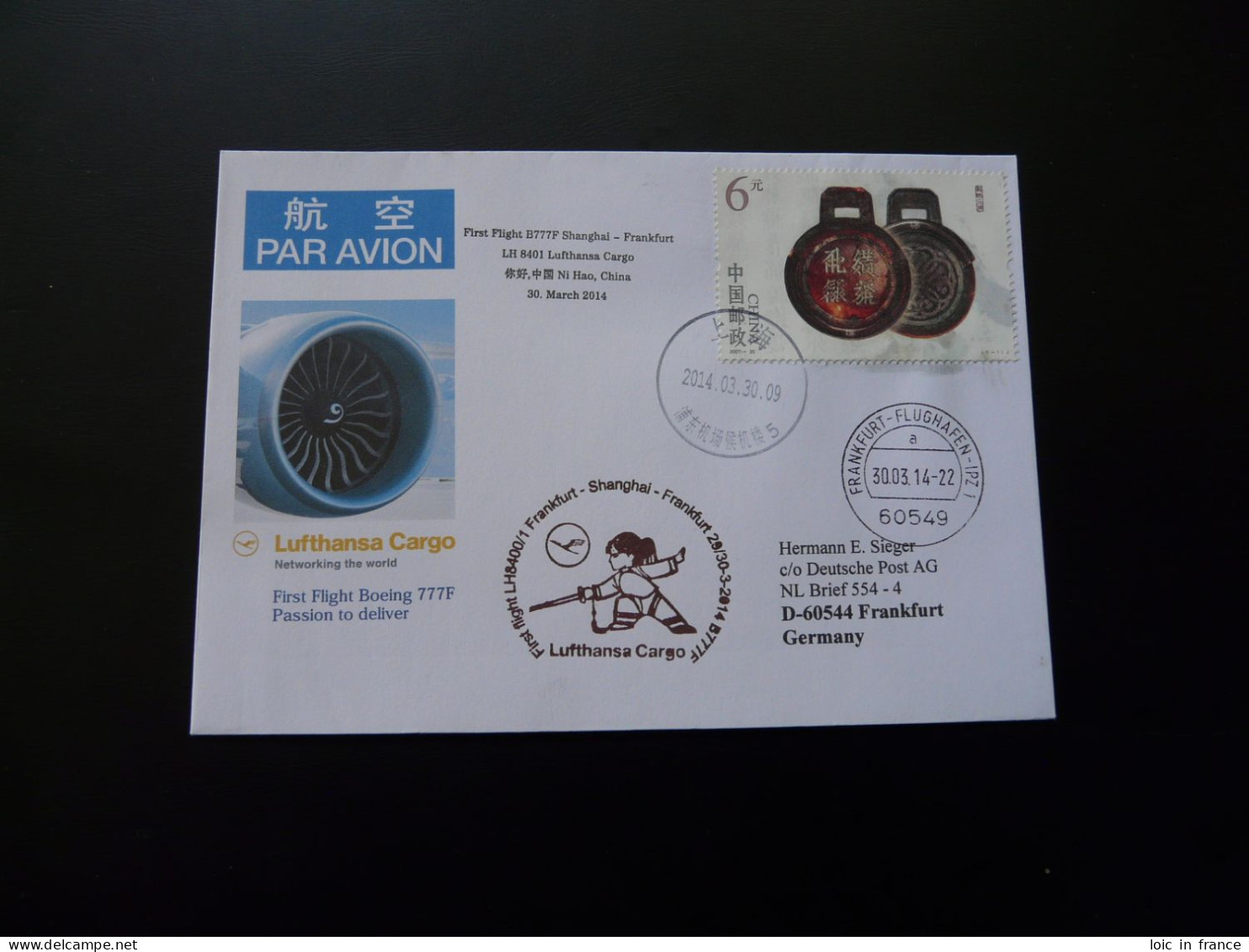 Lettre Premier Vol First Flight Cover Shanghai China To Frankfurt Boeing 777 Lufthansa 2014 - Lettres & Documents