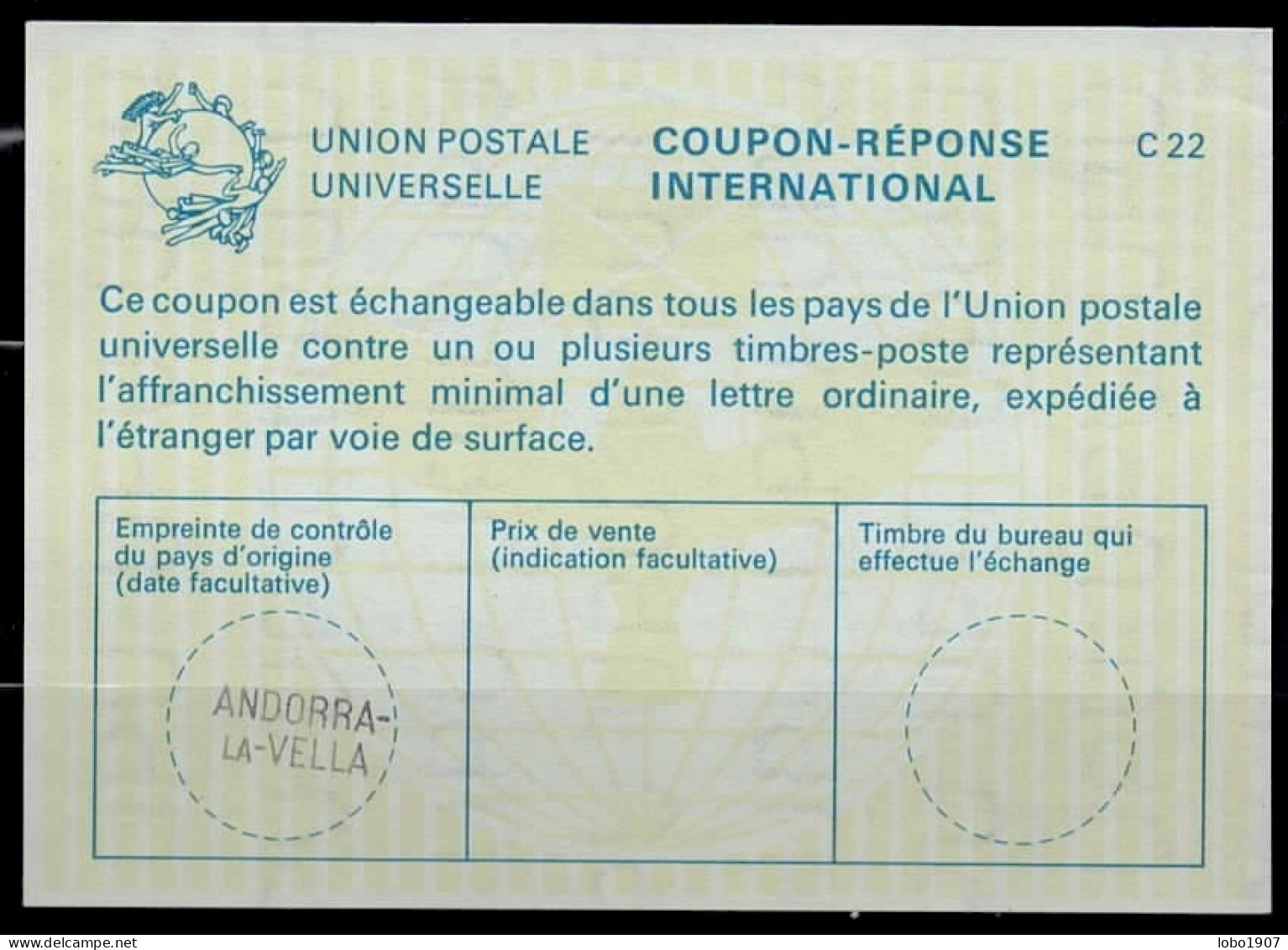 ANDORRE / ANDORRA La23  International Reply Coupon Reponse Antwortschein IAS IRC  O Small ANDORRE-LA-VELLA  ( Horizontal - Stamped Stationery & Prêts-à-poster