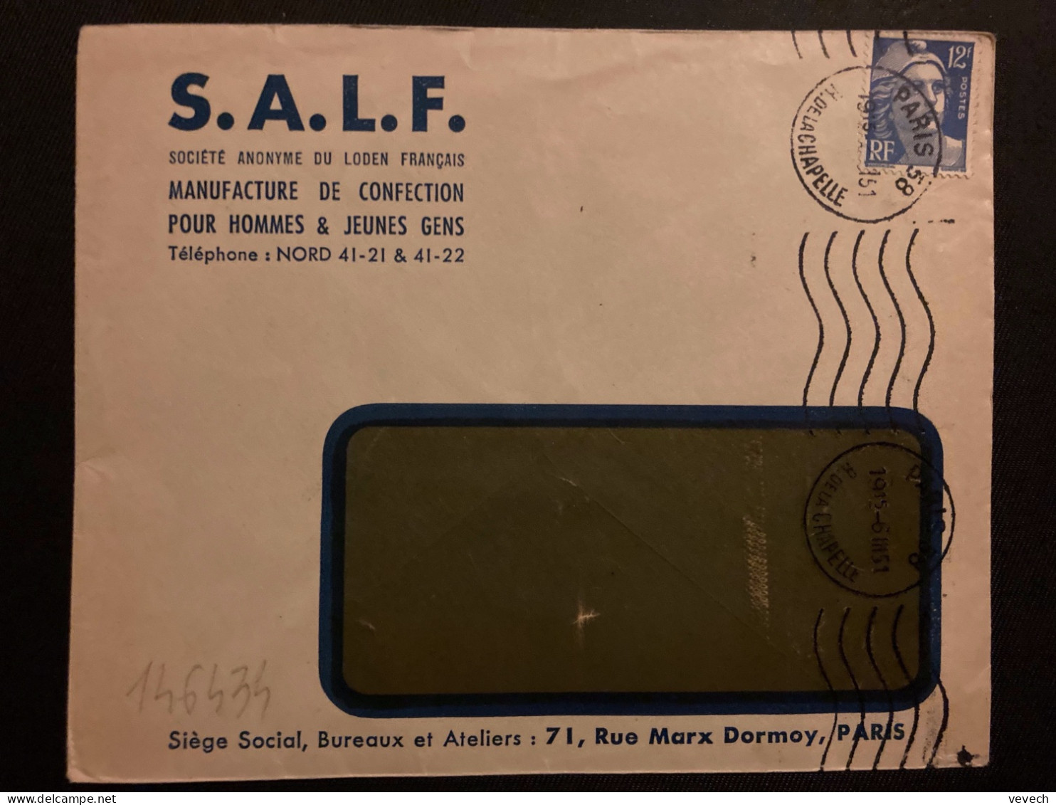 LETTRE SALF MANUFACTURE DE CONFECTION MANTEAU SALF FROID OU PLUIE TP M DE GANDON 12F OBL.MEC.6 III 51 PARIS 58 - Brieven En Documenten