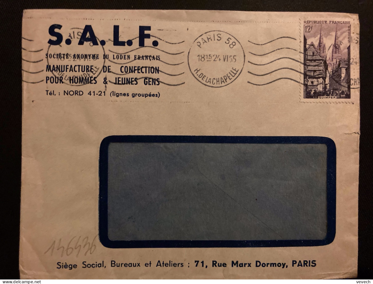 LETTRE SALF MANUFACTURE DE CONFECTION MANTEAU SALF FROID OU PLUIE TP QUIMPER 12F OBL.MEC.24 VI 55 PARIS 58 - Briefe U. Dokumente