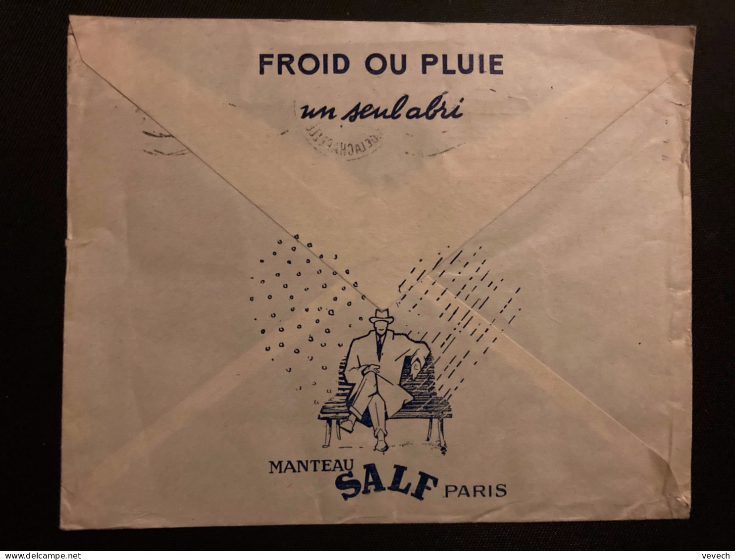 LETTRE SALF MANUFACTURE DE CONFECTION MANTEAU SALF FROID OU PLUIE TP QUIMPER 12F OBL.MEC.24 VI 55 PARIS 58 - Briefe U. Dokumente