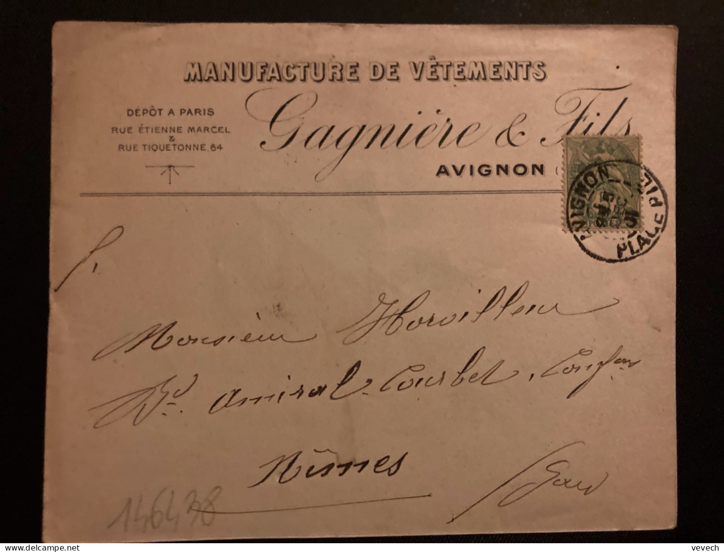 LETTRE MANUFACTURE DE VETEMENTS GAGNIERE & FILS TP BLANC 5c OBL.5 DEC 01 AVIGNON PLACE PIE (84) - Storia Postale