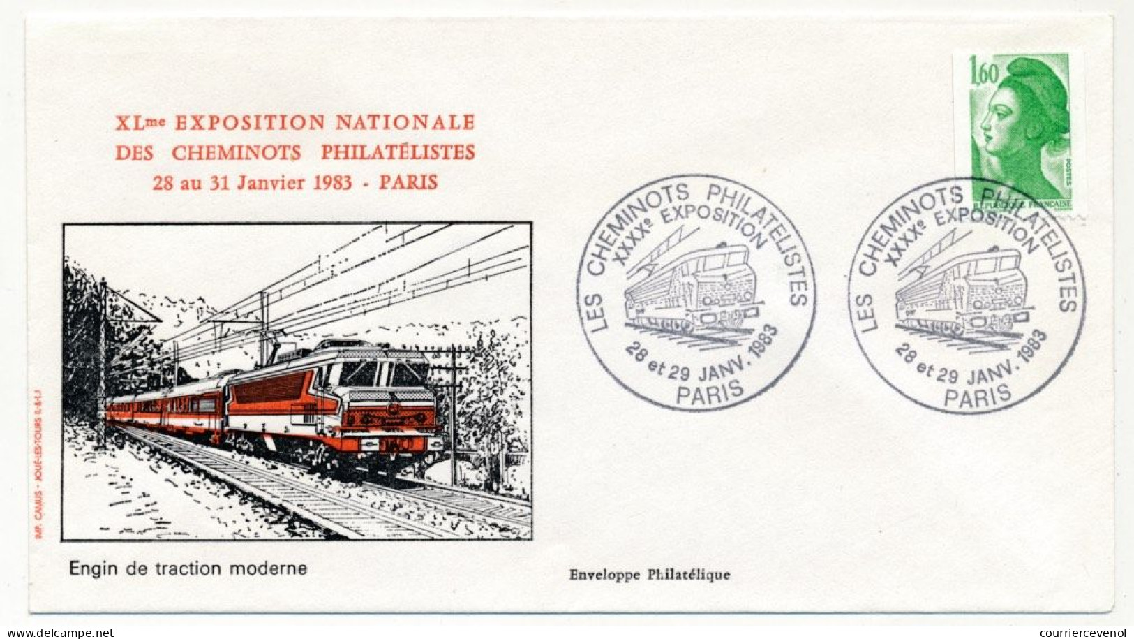 Env. Illustrée Affr 1,60F Sabine - 40eme Expo Des Cheminots Philatélistes - Paris - 28-29/1/1983 - Trenes