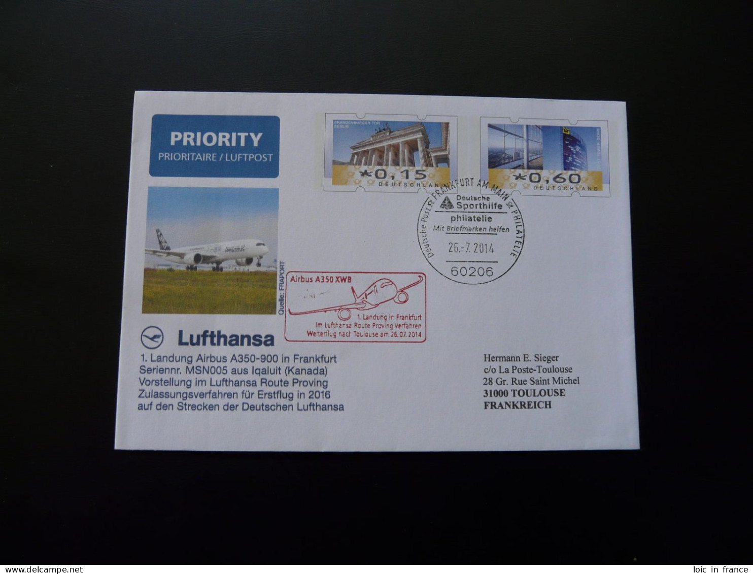 Entier Postal Stationery First Landing Of Airbus A350 In Frankfurt Flight Back To Toulouse Lufthansa 2014 - Enveloppes Privées - Oblitérées