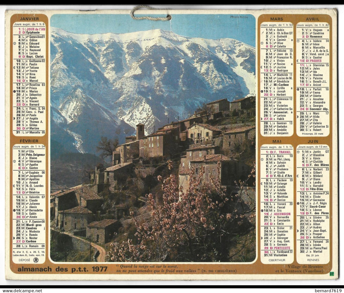 Almanach  Calendrier  P.T.T  -  La Poste -  1977 - Village De Brantes Et Le Veentoux - Aiguille De Chamonix - Big : 1971-80