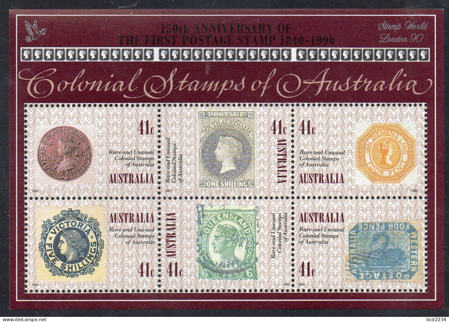 AUSTRALIA 1990 RARE & UNUSUAL COLONIAL STAMPS + SILVER STAMP WORLD LONDON 90 OVERPRINT SG MS1253 Mi BL 10 MNH - Nuovi