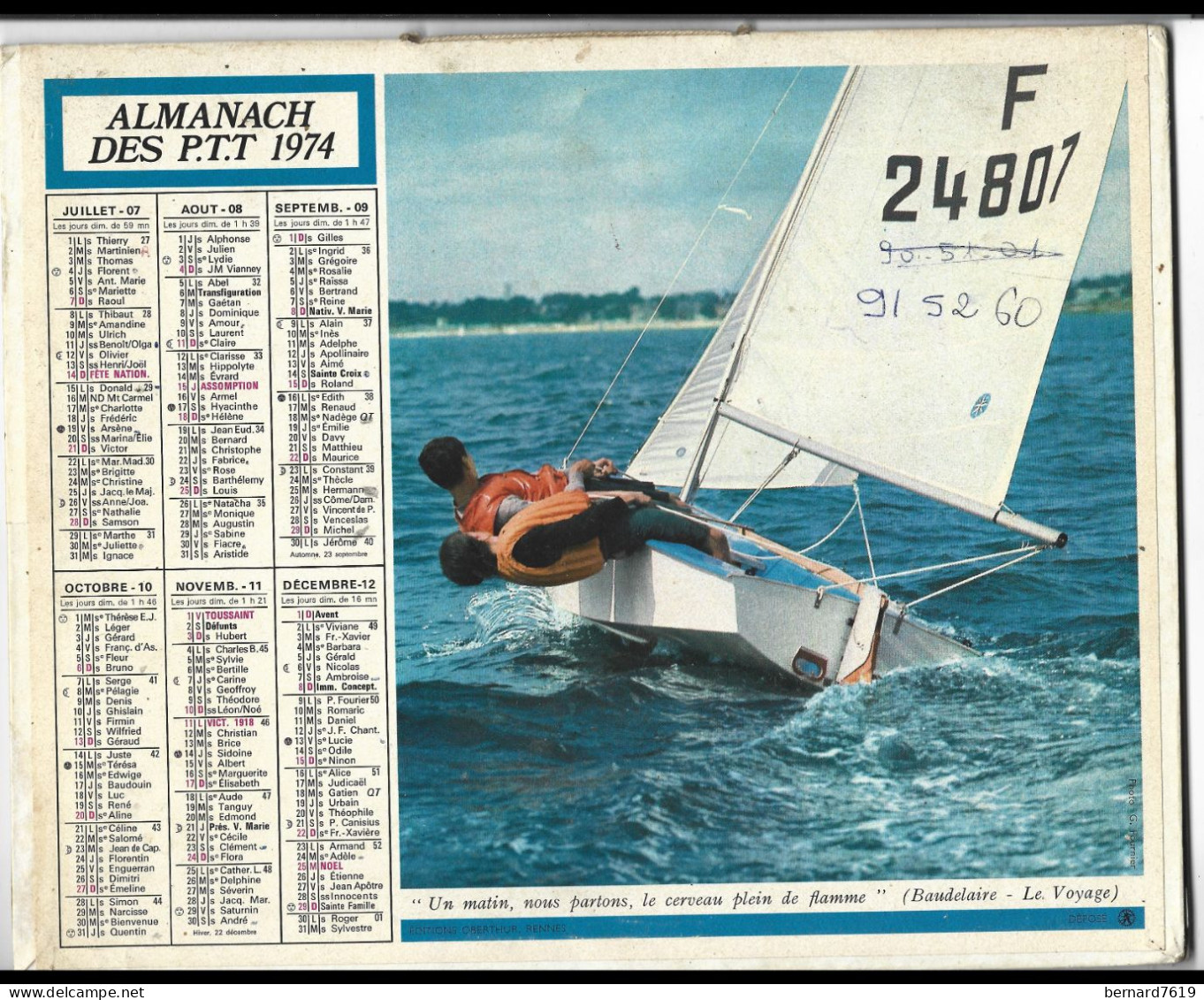 Almanach  Calendrier  P.T.T  -  La Poste -  1974 -  Football - Voilier - Sport - Big : 1971-80