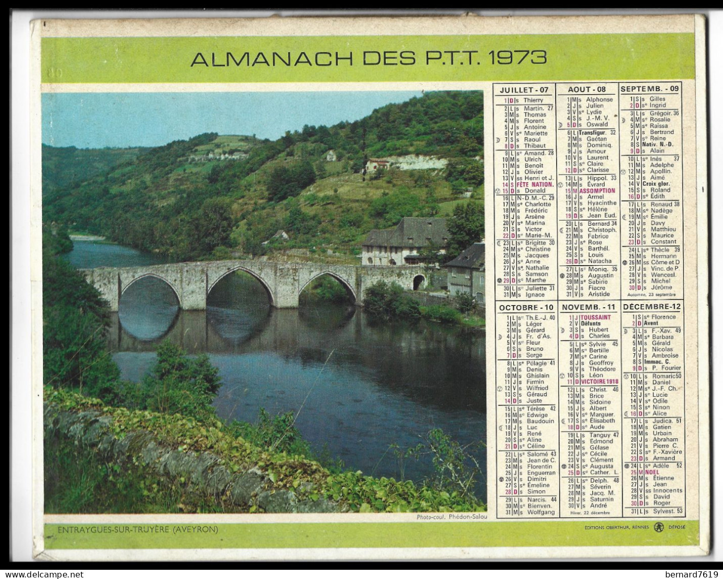 Almanach  Calendrier  P.T.T  -  La Poste -  1973 - La Dordogne - Entraygues Sur Truyere - Grand Format : 1971-80