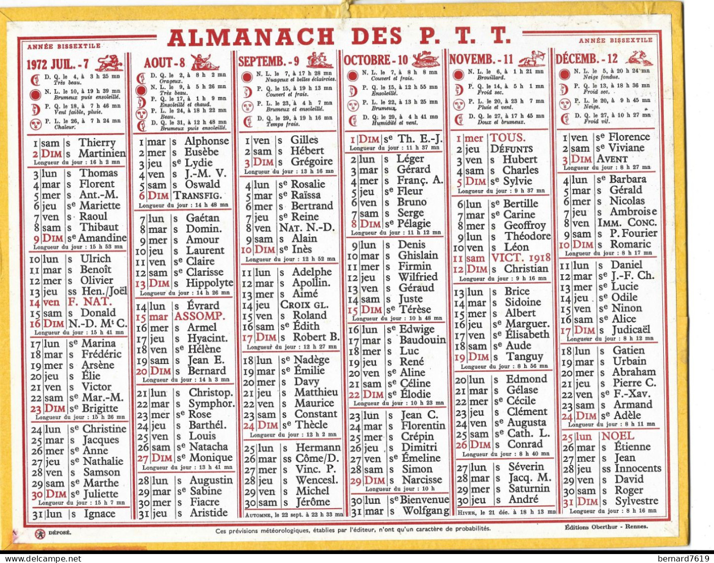 Almanach  Calendrier  P.T.T  -  La Poste -  1972 - - Formato Grande : 1971-80