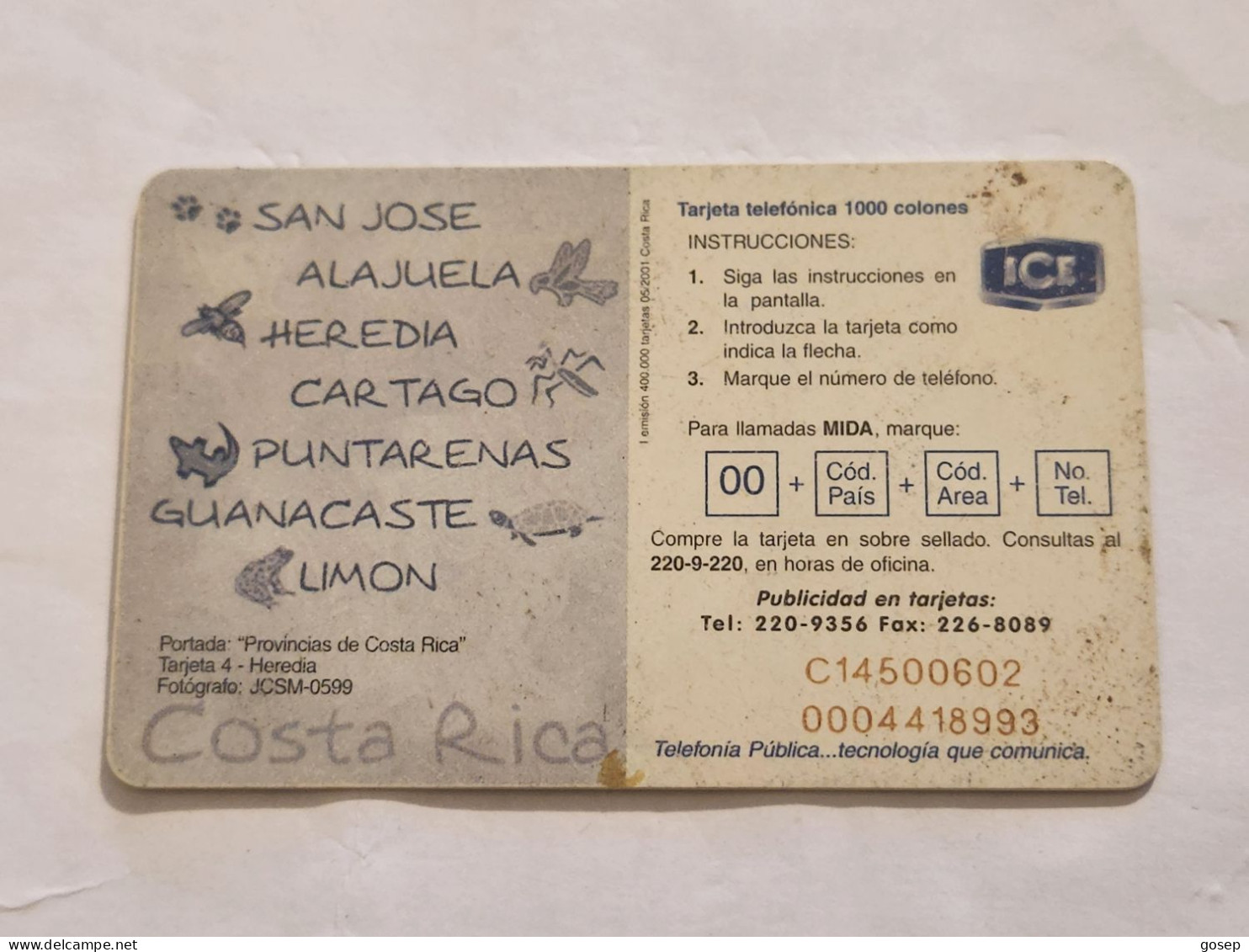 COSTA RICA-(CR-ICE-CHP-0055)-Heredia-(I Emisión)-(68)-(C145000602)(tirage-400.000)used Card+1card Prepiad - Costa Rica