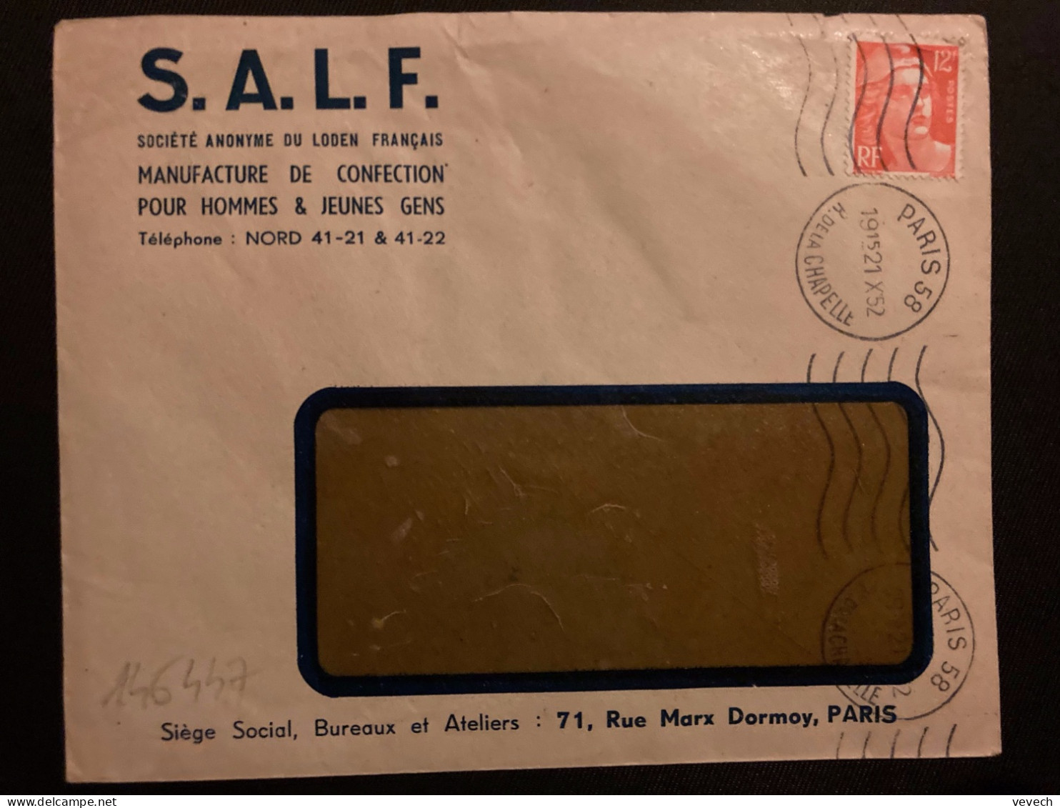 LETTRE SALF MANUFACTURE DE CONFECTION MANTEAU SALF FROID OU PLUIE TP M DE GANDON 12F OBL.MEC.21 X 52 PARIS 58 - Covers & Documents