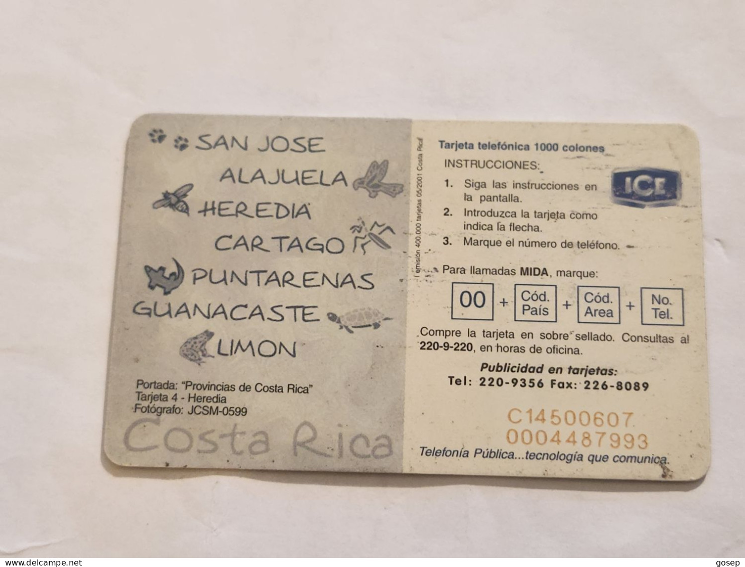 COSTA RICA-(CR-ICE-CHP-0055)-Heredia-(I Emisión)-(70)-(C145000607)(tirage-400.000)used Card+1card Prepiad - Costa Rica