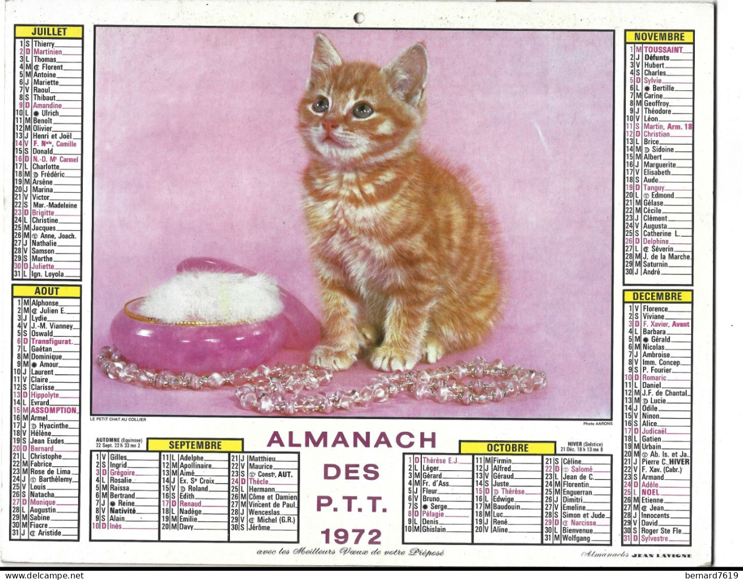 Almanach  Calendrier  P.T.T  -  La Poste -  1972 -  Oiseau , Fleur -chat - Formato Grande : 1971-80