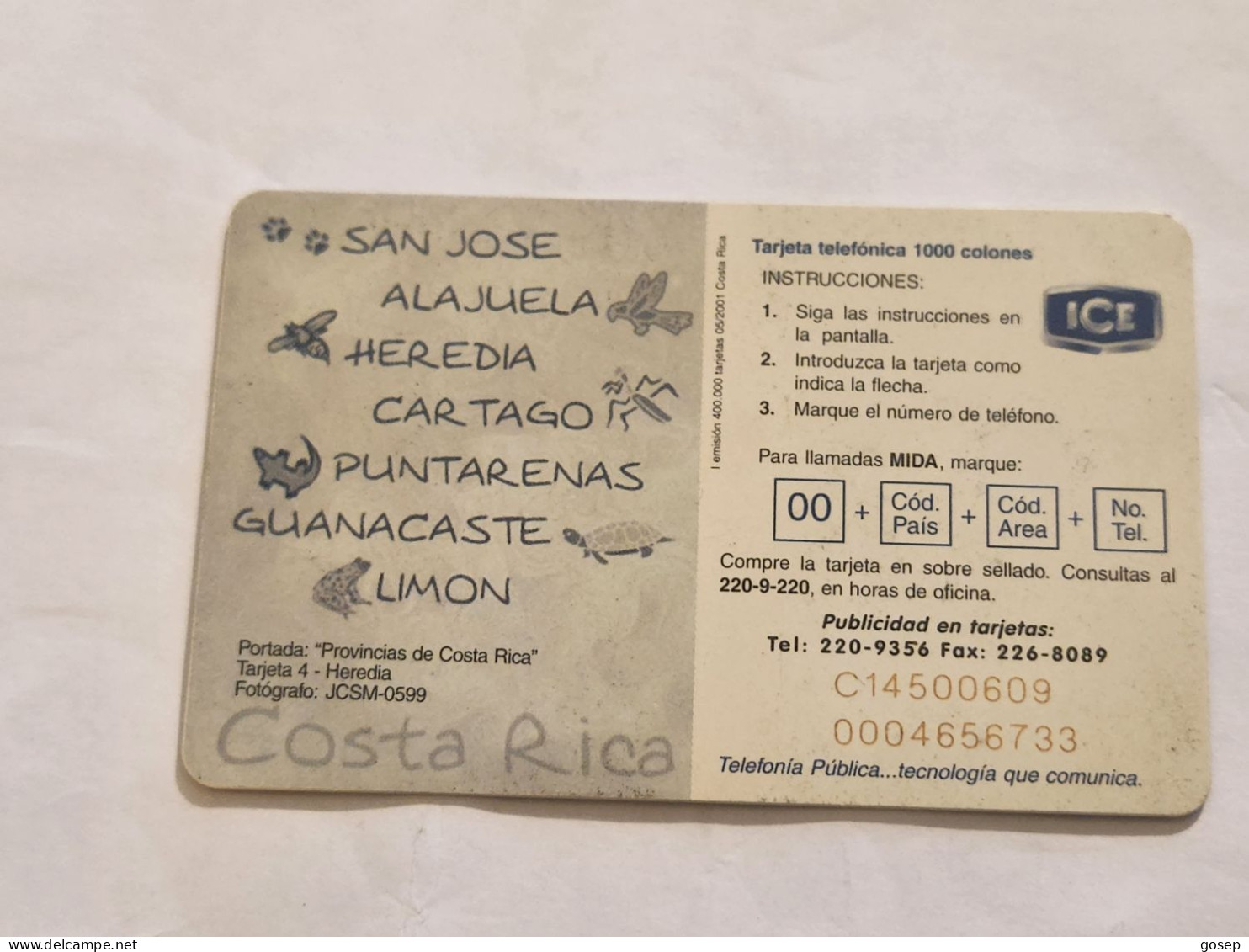 COSTA RICA-(CR-ICE-CHP-0055)-Heredia-(I Emisión)-(71)-(C145000609)(tirage-400.000)used Card+1card Prepiad - Costa Rica