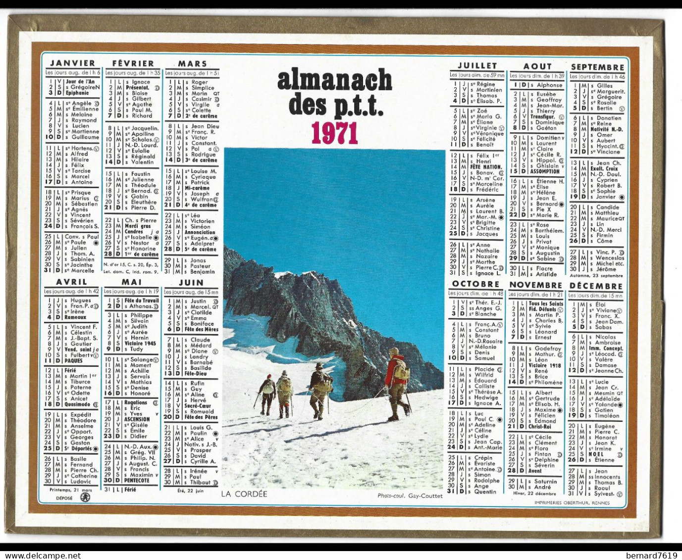 Almanach  Calendrier  P.T.T  -  La Poste -  1971 - La Cordee - Big : 1971-80