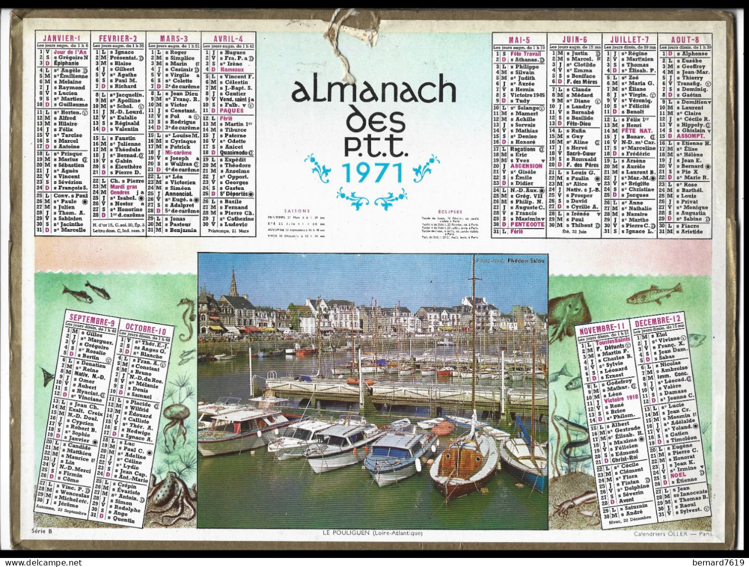 Almanach  Calendrier  P.T.T  -  La Poste -  1971 - Le Pouliguen - Tamaño Grande : 1971-80
