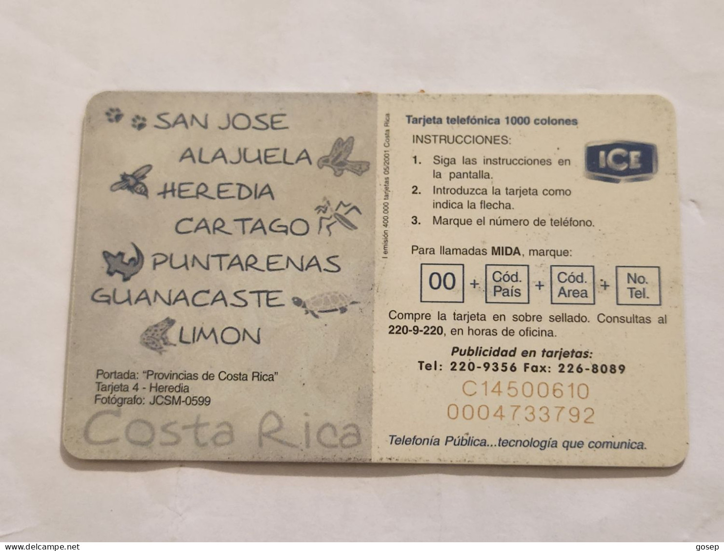 COSTA RICA-(CR-ICE-CHP-0055)-Heredia-(I Emisión)-(72)-(C145000610)(tirage-400.000)used Card+1card Prepiad - Costa Rica