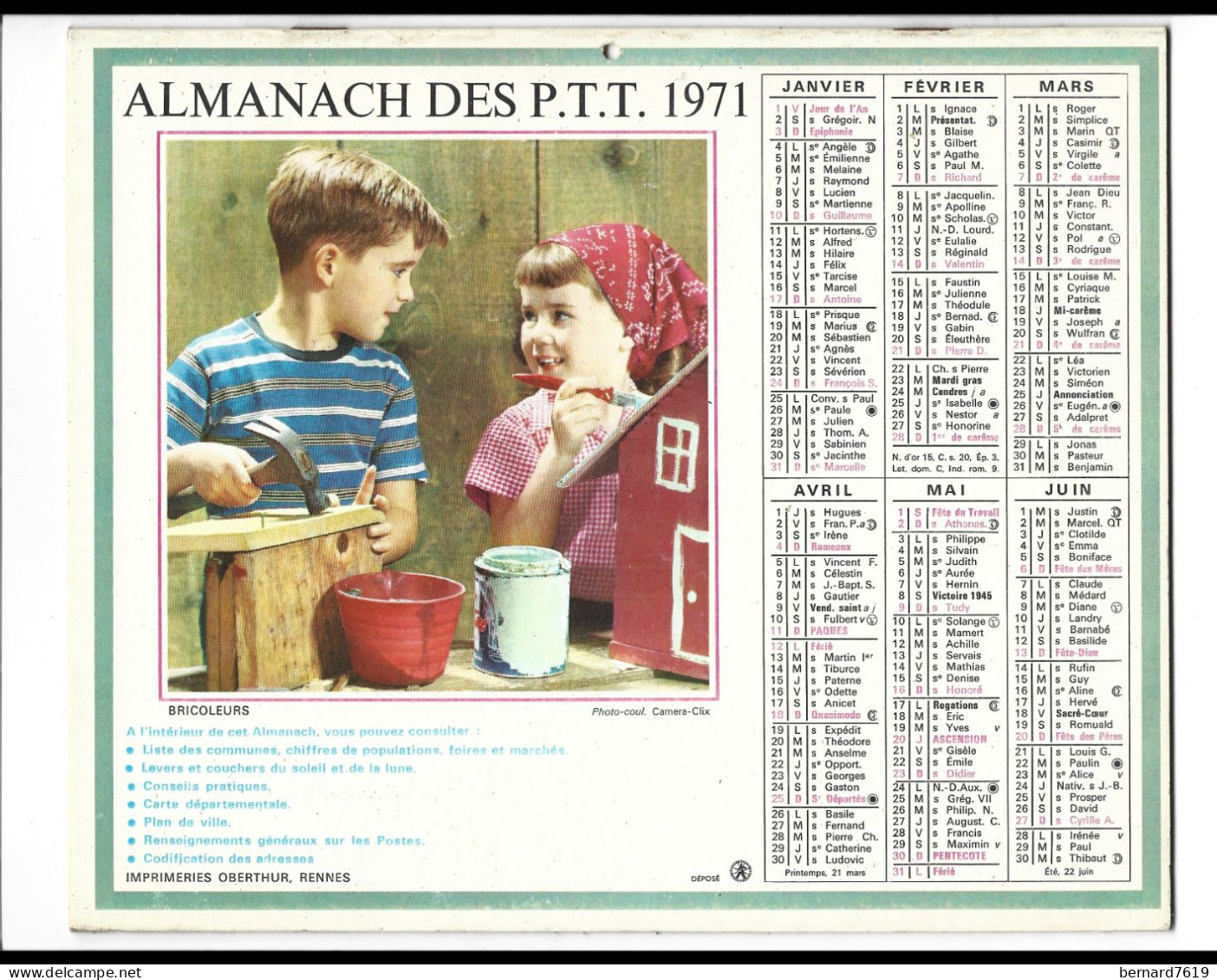 Almanach  Calendrier  P.T.T  -  La Poste -  1971 - Bricoleurs - Camping - Formato Grande : 1971-80