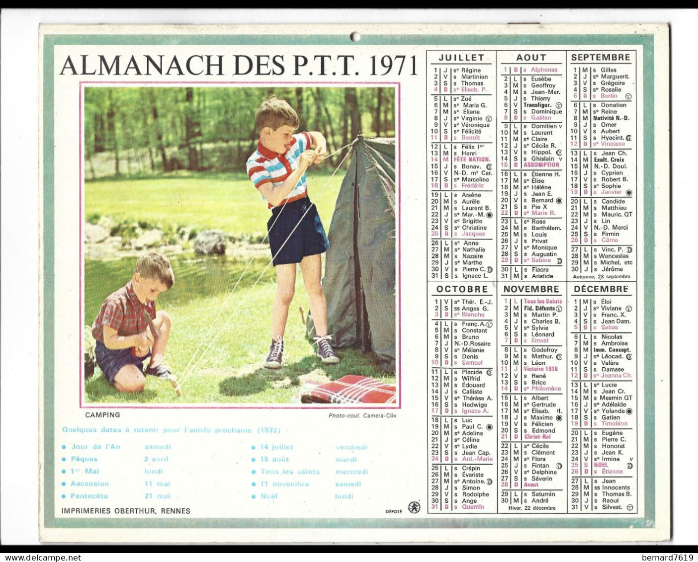 Almanach  Calendrier  P.T.T  -  La Poste -  1971 - Bricoleurs - Camping - Grossformat : 1971-80