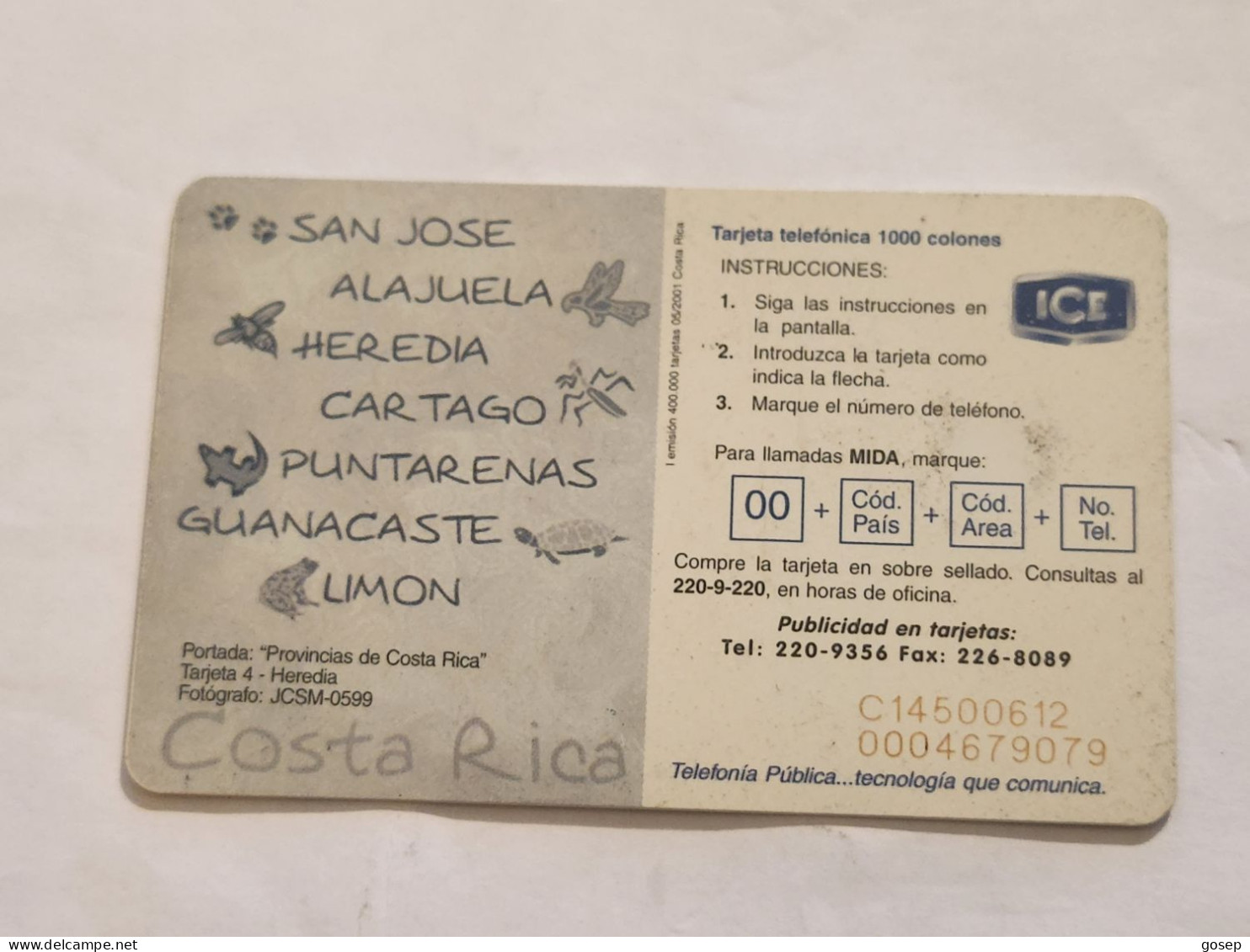 COSTA RICA-(CR-ICE-CHP-0055)-Heredia-(I Emisión)-(73)-(C145000612)(tirage-400.000)used Card+1card Prepiad - Costa Rica