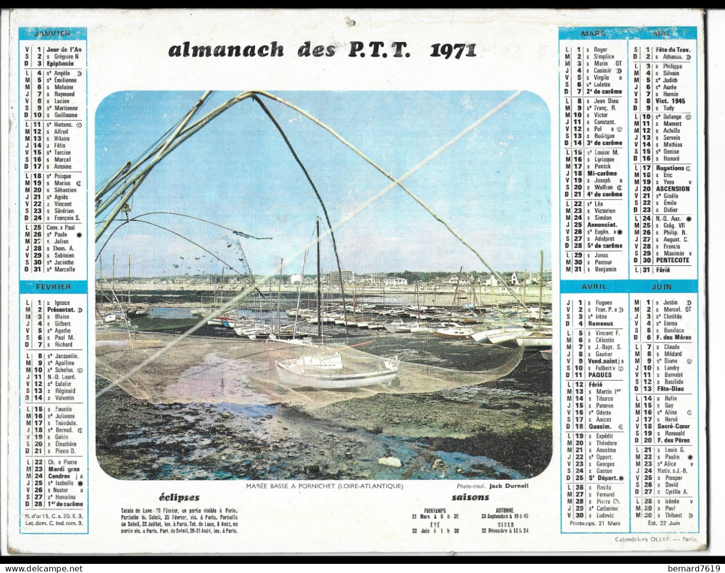 Almanach  Calendrier  P.T.T  -  La Poste -  1971 -maree Basse A Pornichet - Marseille Vieux Port - Big : 1971-80