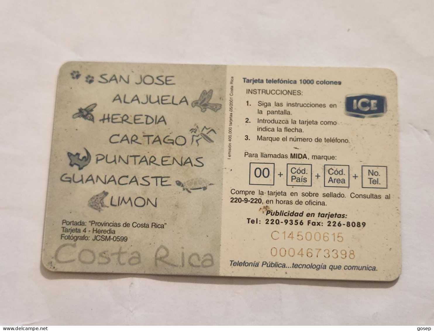 COSTA RICA-(CR-ICE-CHP-0055)-Heredia-(I Emisión)-(74)-(C145000615)(tirage-400.000)used Card+1card Prepiad - Costa Rica