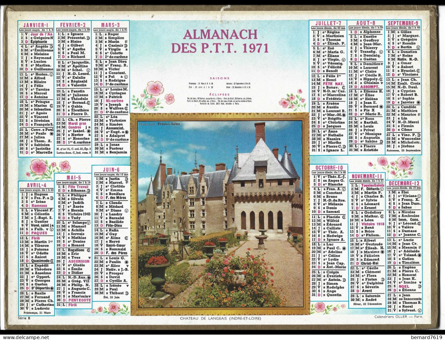 Almanach  Calendrier  P.T.T  -  La Poste -  1971 - Chateau De Langeais - Tamaño Grande : 1971-80