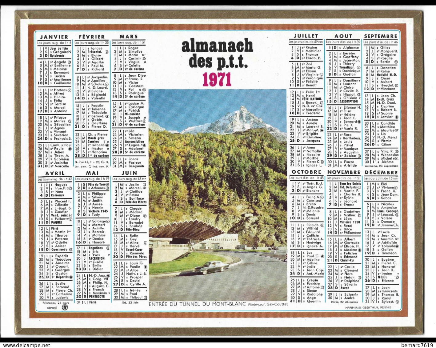 Almanach  Calendrier  P.T.T  -  La Poste -  1971 - Entree Du Tunnel  Du Mont Blanc - Grossformat : 1971-80