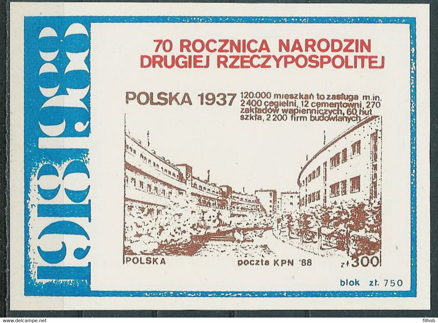 Poland SOLIDARITY (S321): KPN 1918-1988 70th Ann. II RP Polska 1937 (block) - Vignettes Solidarnosc