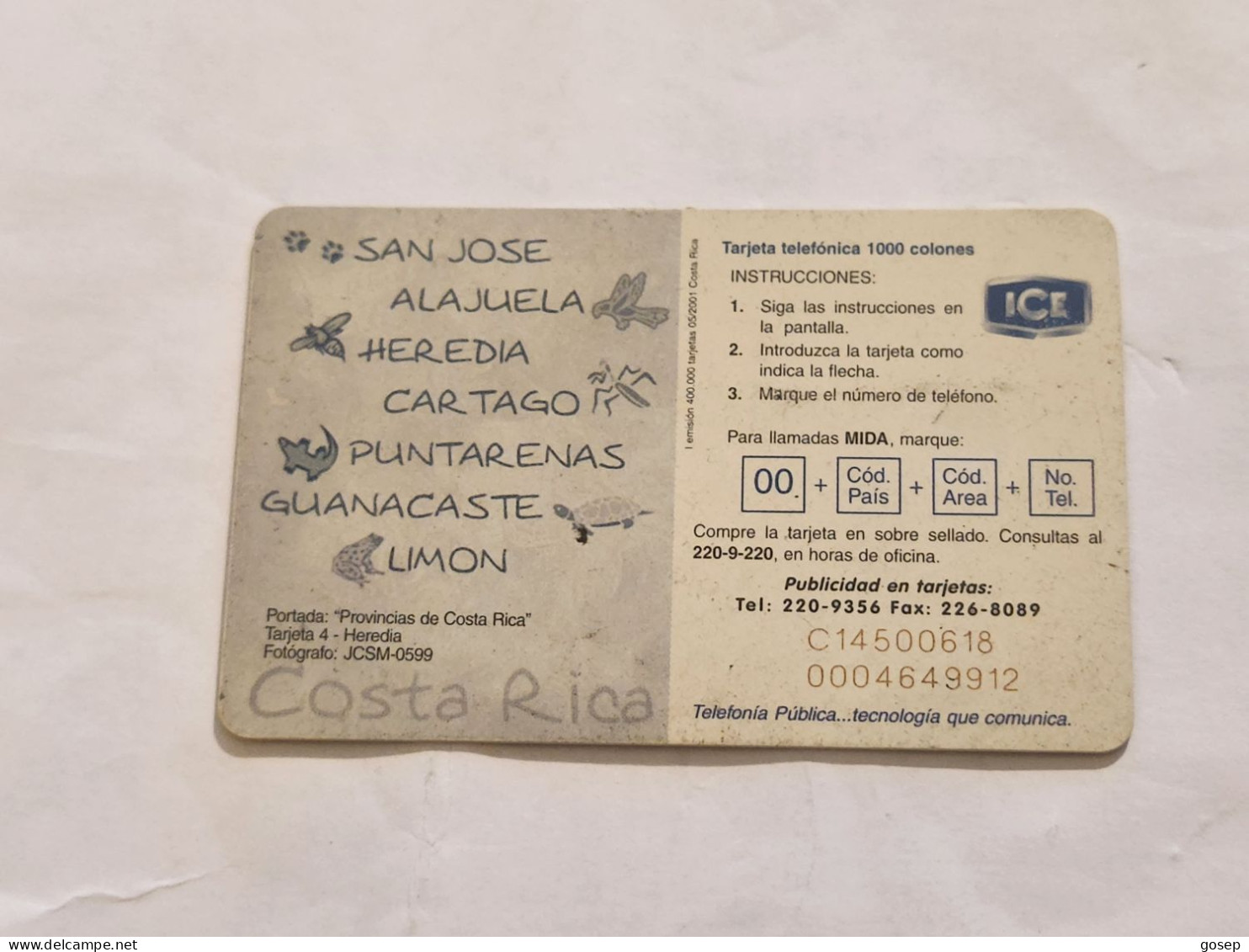 COSTA RICA-(CR-ICE-CHP-0055)-Heredia-(I Emisión)-(75)-(C145000618)(tirage-400.000)used Card+1card Prepiad - Costa Rica