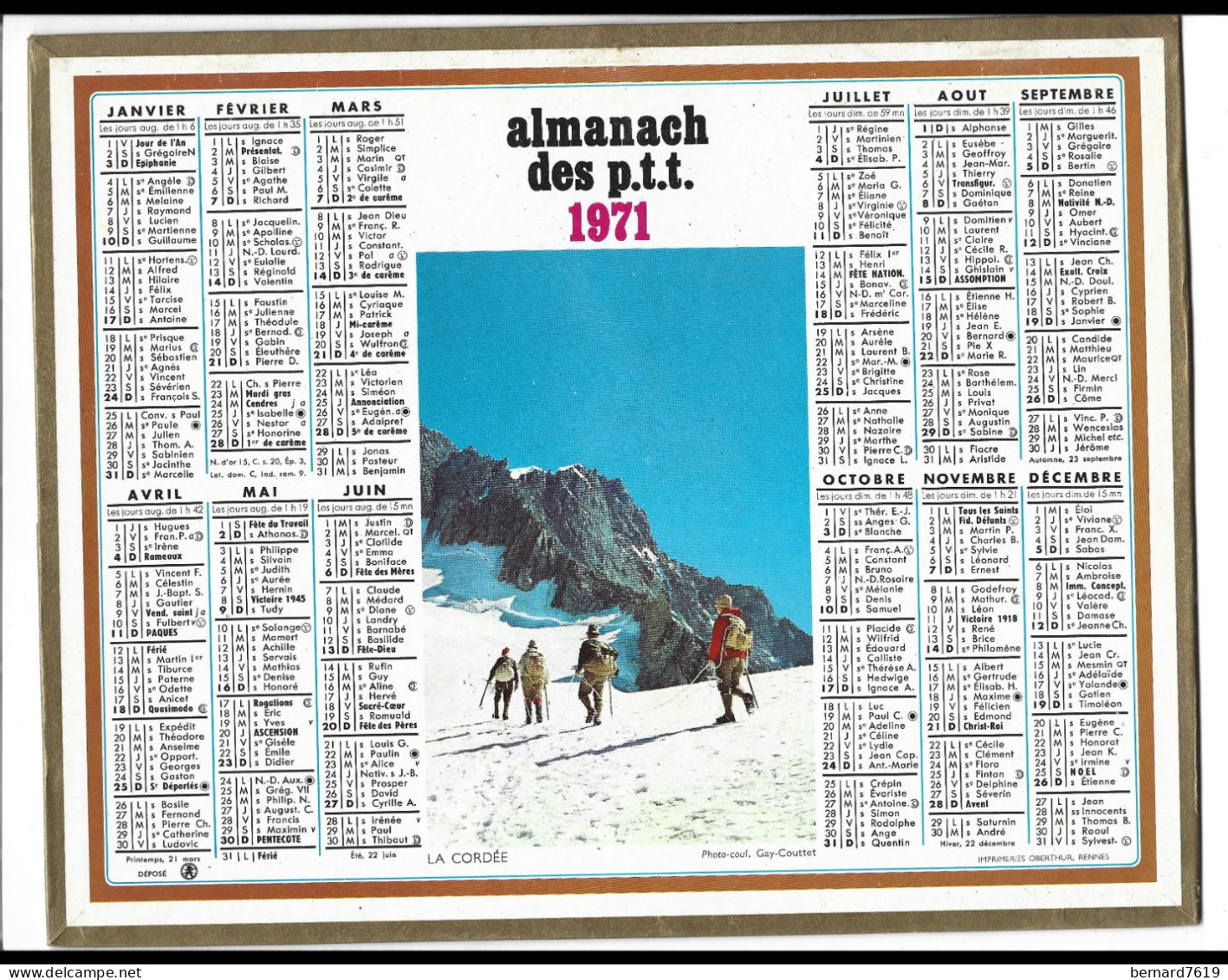 Almanach  Calendrier  P.T.T  -  La Poste -  1971 - La Cordee - Big : 1971-80