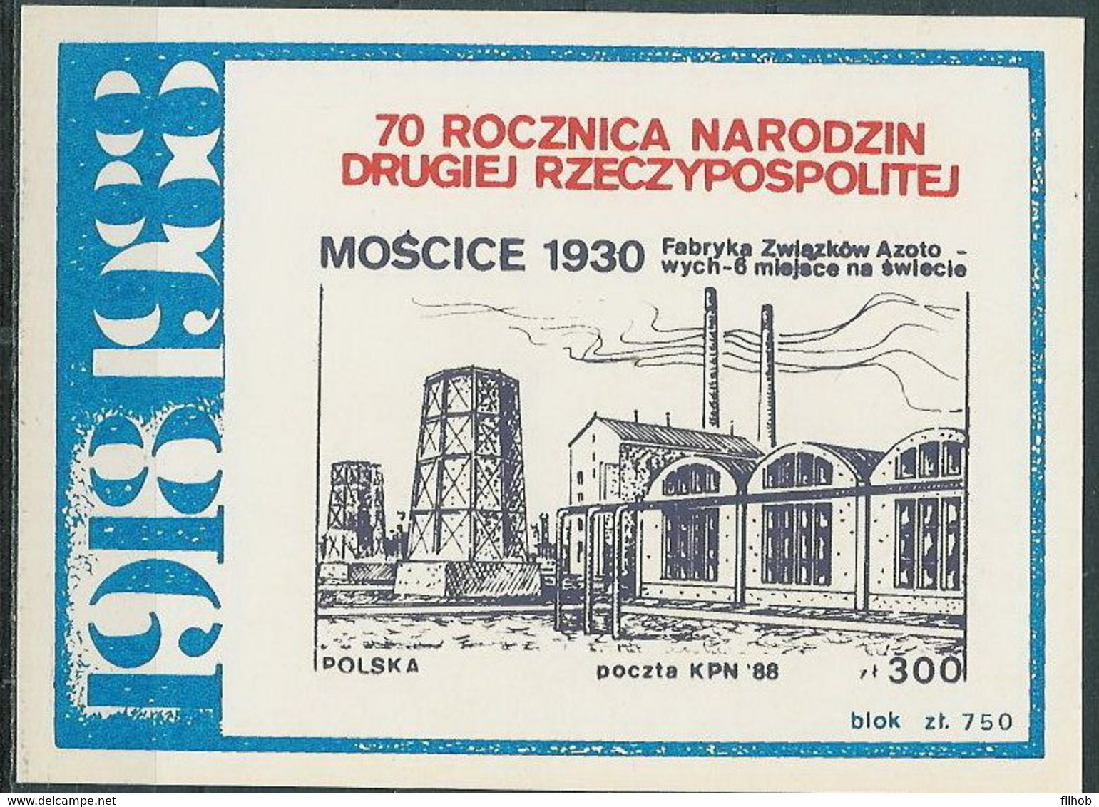 Poland SOLIDARITY (S322): KPN 1918-1988 70th Ann. II RP Moscice 1930 (block) - Viñetas Solidarnosc