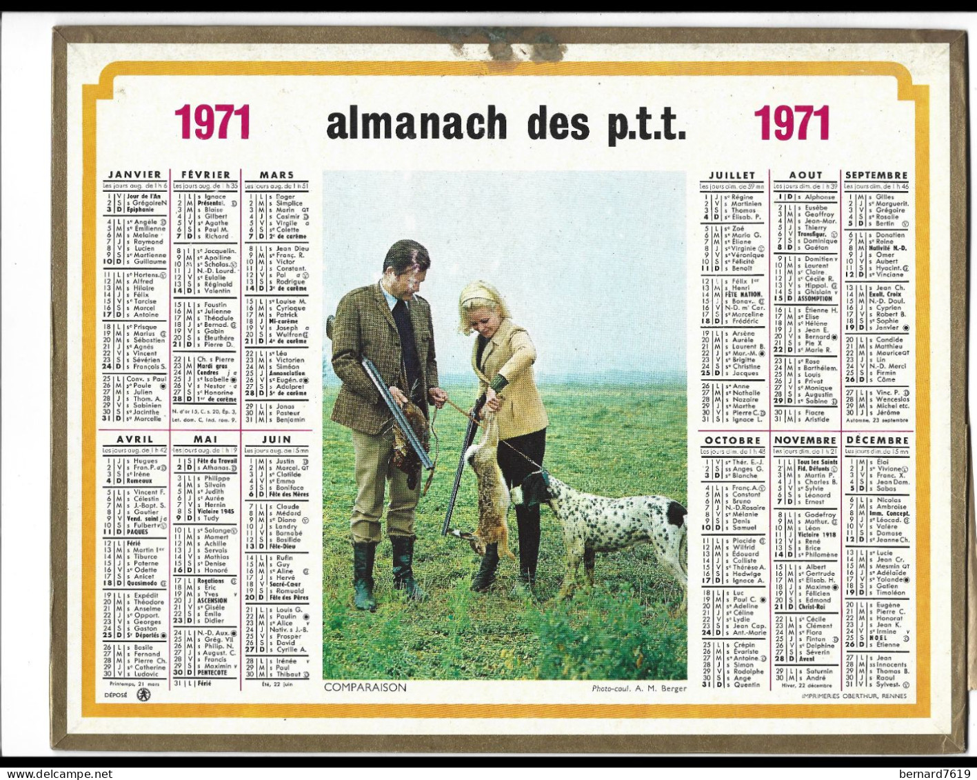 Almanach  Calendrier  P.T.T  -  La Poste -  1971 - Chasse - Comparaison - Tamaño Grande : 1971-80