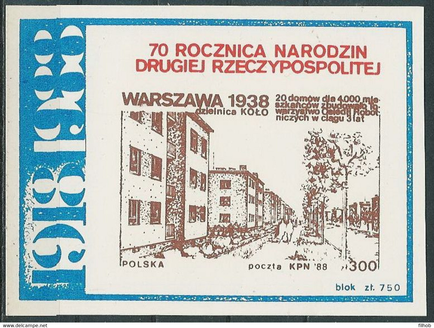 Poland SOLIDARITY (S324): KPN 1918-1988 70th Ann. II RP Warszawa 1938 (block) - Vignette Solidarnosc