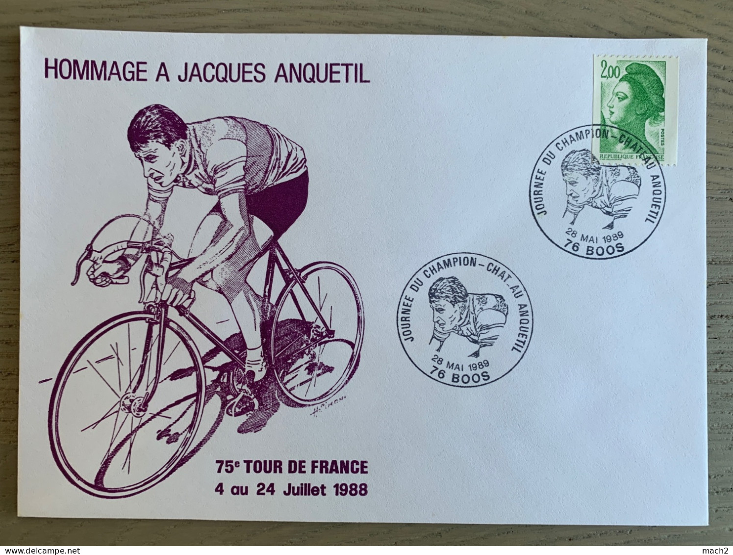 75ème Tour De France Cycliste 4 Au 24 Juillet 1988, Cachet Illustré BOOS 28/5/1989 Hommage ANQUETIL - Ciclismo