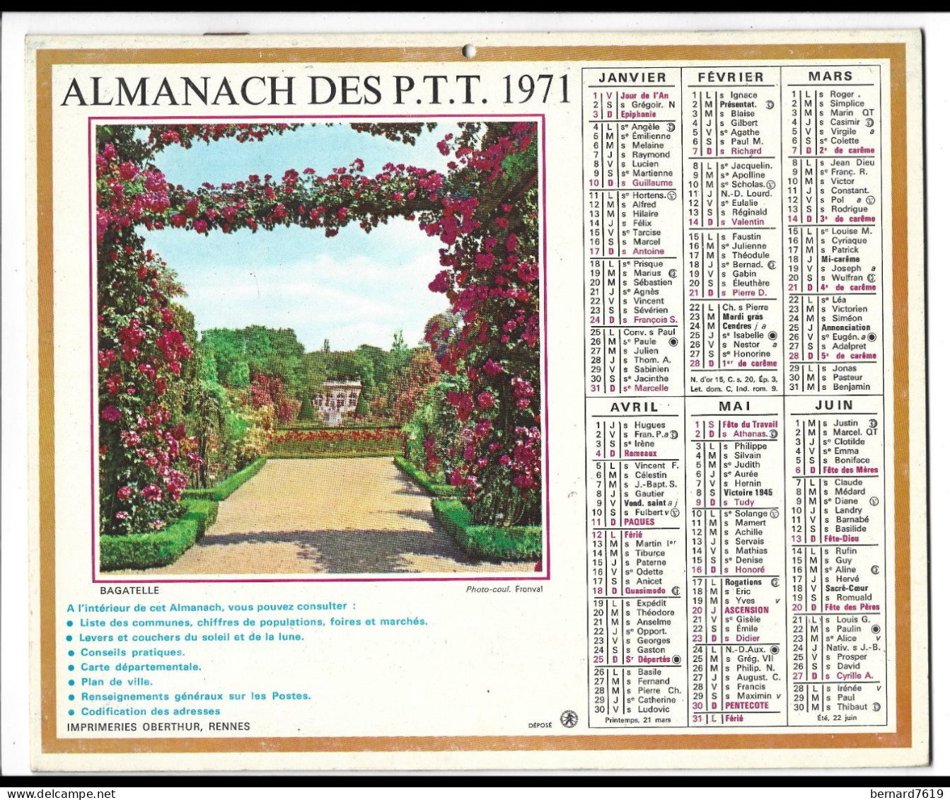 Almanach  Calendrier  P.T.T  -  La Poste -  1971 -  Bagatelle - Honfleur - Tamaño Grande : 1971-80