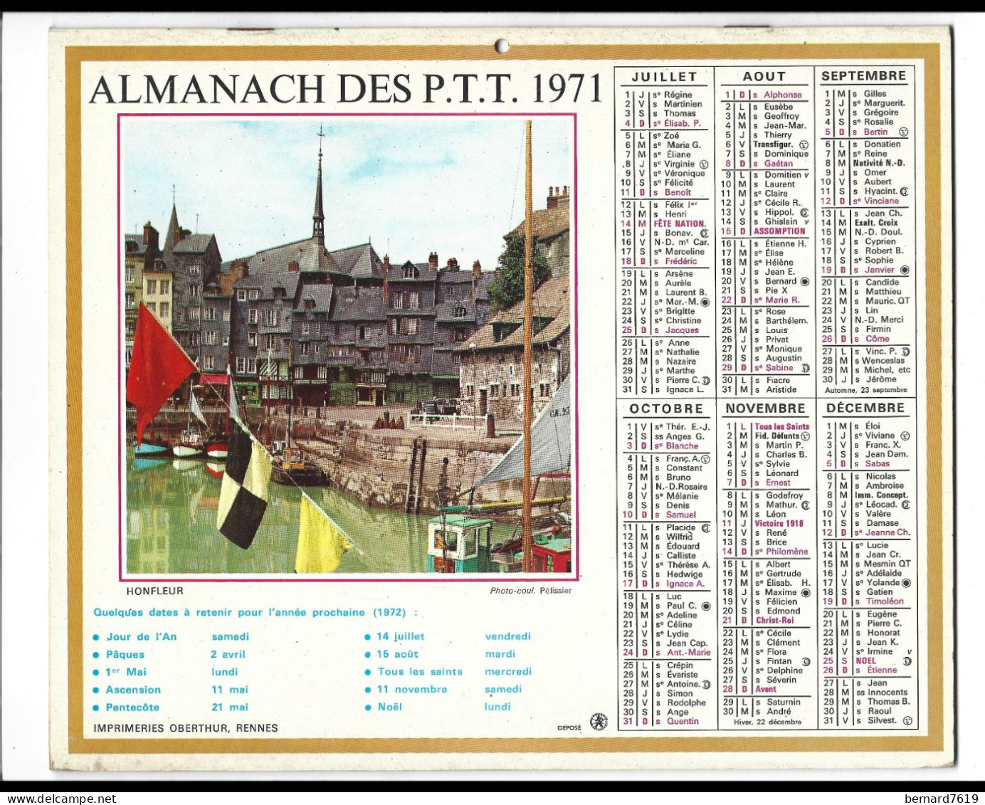 Almanach  Calendrier  P.T.T  -  La Poste -  1971 -  Bagatelle - Honfleur - Tamaño Grande : 1971-80