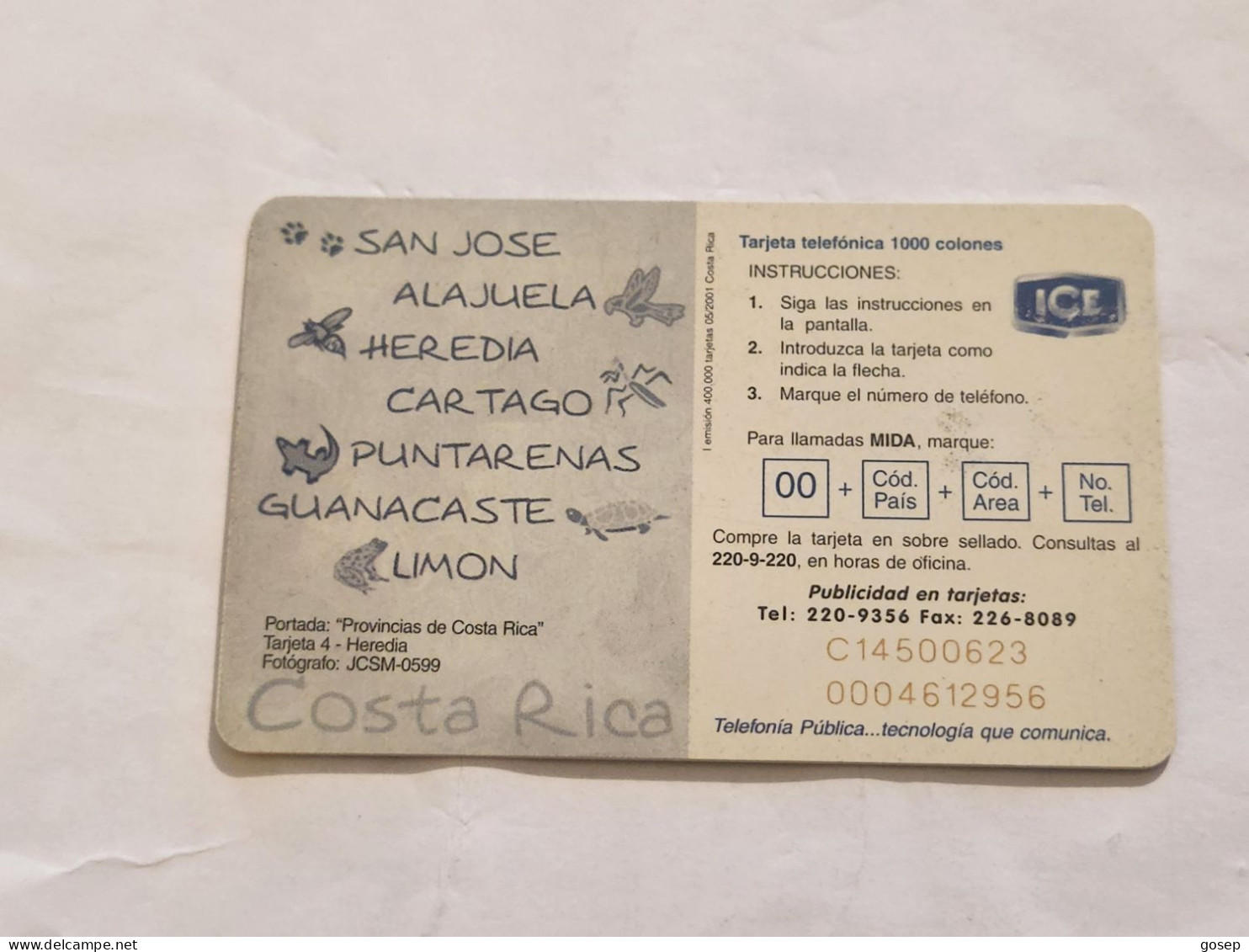 COSTA RICA-(CR-ICE-CHP-0055)-Heredia-(I Emisión)-(76)-(C145000623)(tirage-400.000)used Card+1card Prepiad - Costa Rica